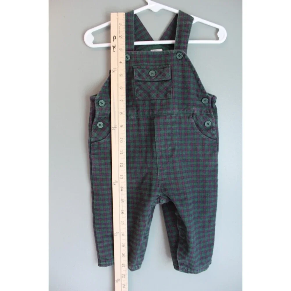 Vintage Starting Out Plaid Green Baby Overalls Size 9M 100% Cotton